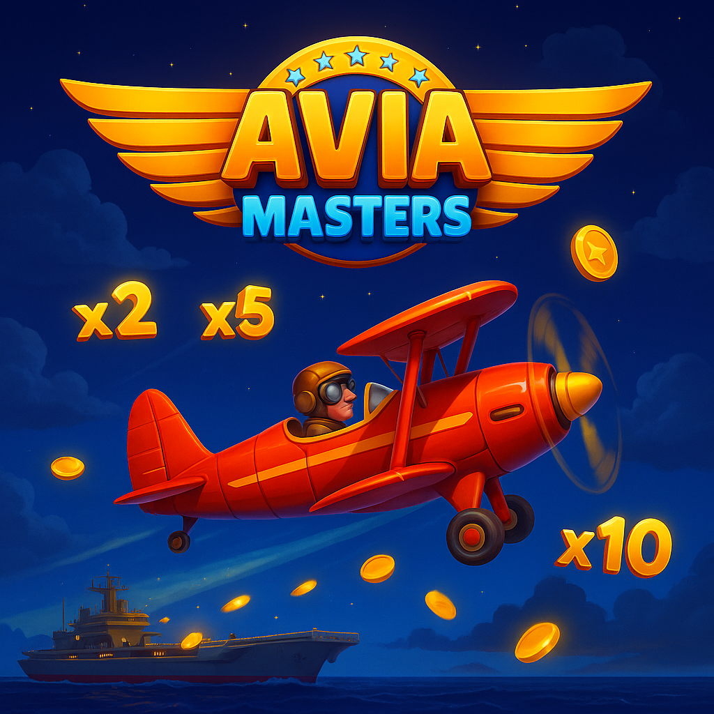 AviaMasters pilot flying a red plane collecting coins with multipliers x2, x5, x10