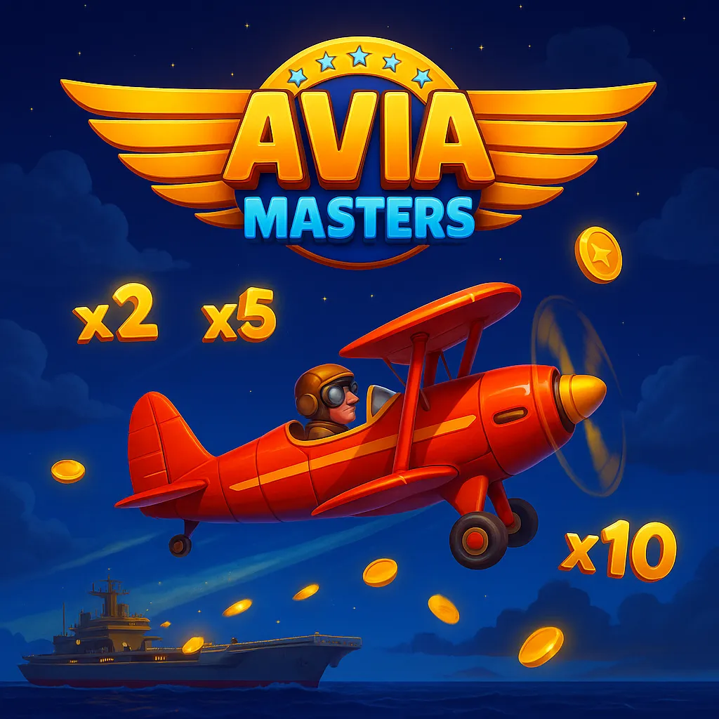 AviaMasters pilot flying a red plane collecting coins with multipliers x2, x5, x10