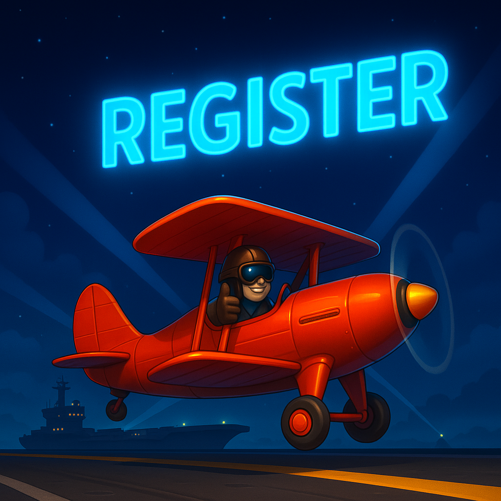 Cartoon pilot in red airplane giving thumbs up with "REGISTER" text glowing above