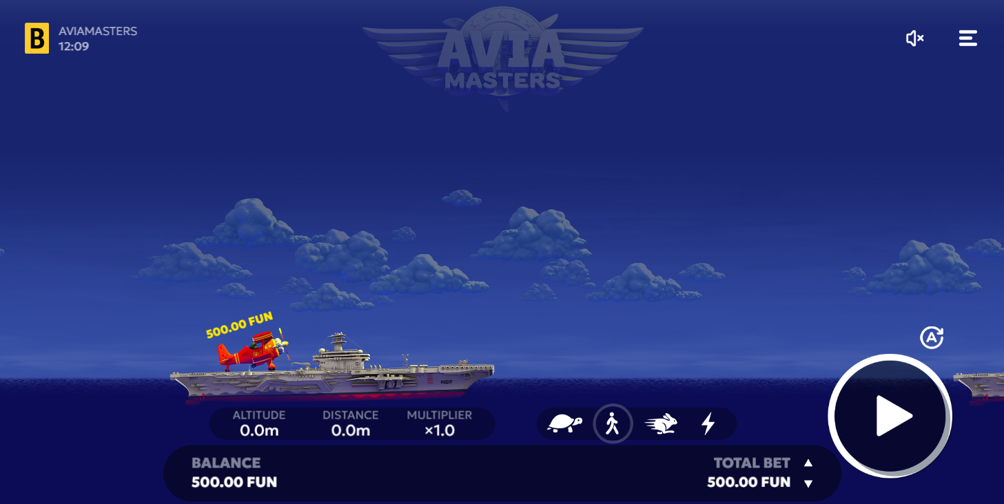 n-game interface of AviaMasters showing red airplane on aircraft carrier ready to launch