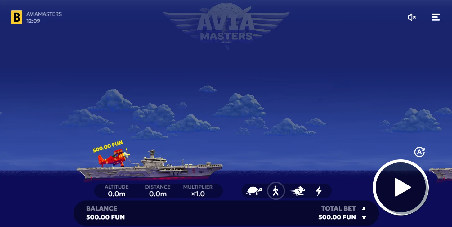 n-game interface of AviaMasters showing red airplane on aircraft carrier ready to launch