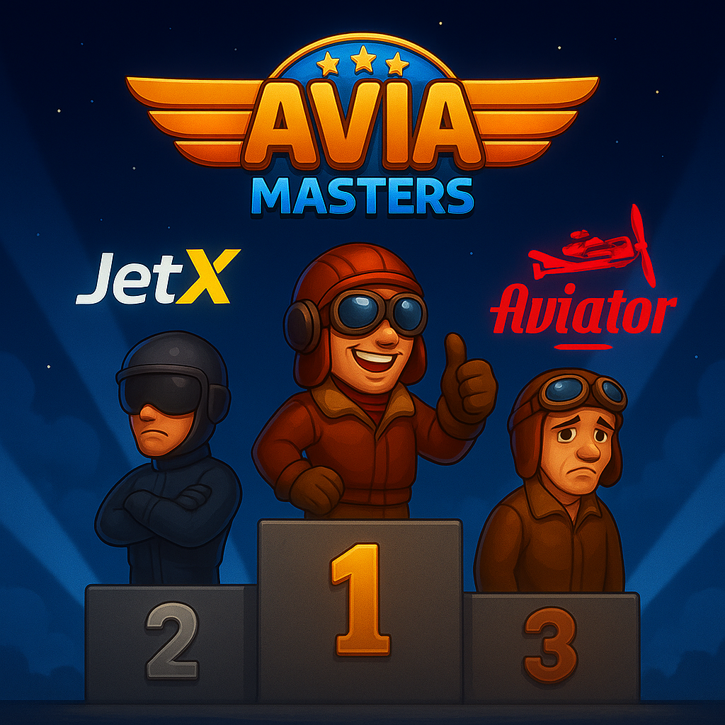 AviaMasters pilot winning on podium above JetX and Aviator competitors